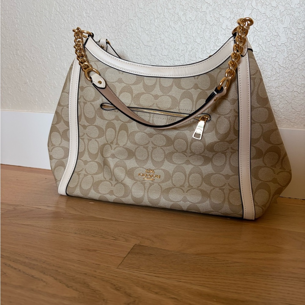 Coach Signature Shoulder Bag in Chalk and Beige with Gold Hardware